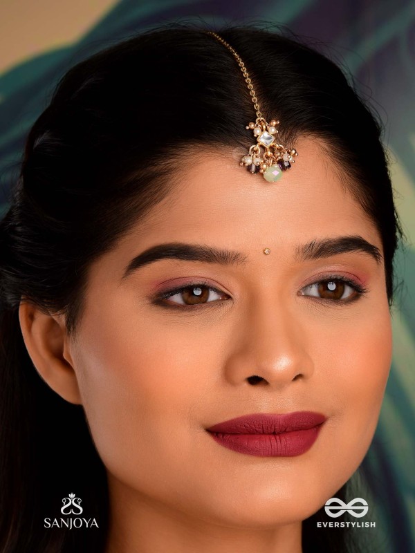 HARSHITA - THE JOYFUL ONE- DELICATE PEARL MAANGTIKA WITH MINI KUNDAN BLOOMS AND GREEN GEM DROPLETS