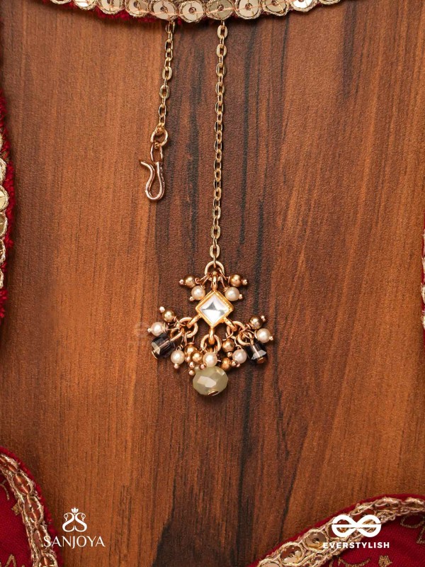 HARSHITA - THE JOYFUL ONE- DELICATE PEARL MAANGTIKA WITH MINI KUNDAN BLOOMS AND GREEN GEM DROPLETS