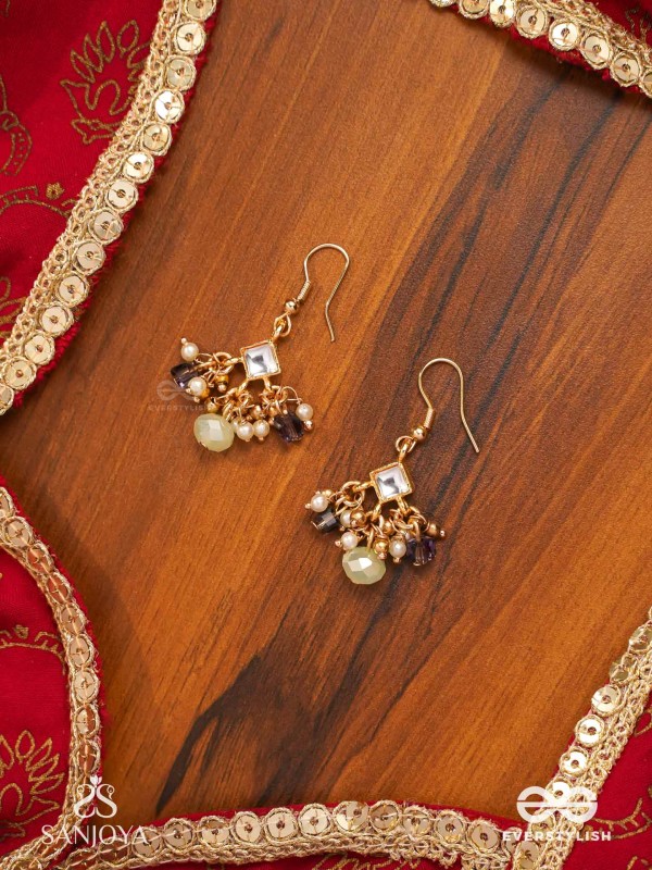 HARSHITA - THE JOYFUL ONE- DELICATE PEARL EARRINGS WITH MINI KUNDAN BLOOMS AND GREEN GEM DROPLETS