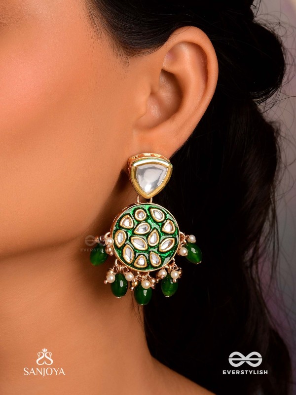 ARUNODAYA - DAWN RAYS- SYMMETRICAL KUNDAN POLKI EARRINGS WITH EMERALD GREEN ENAMEL ACCENT, PEARLS AND BEADS