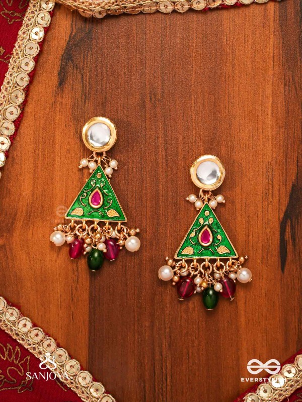RANGLEKHA - LINES OF COLOR-  LAYERED GOLDEN CHAINED KUNDAN EARRINGS WITH VIBRANT GEM DROPS AND FLORAL ENAMELED EDGES