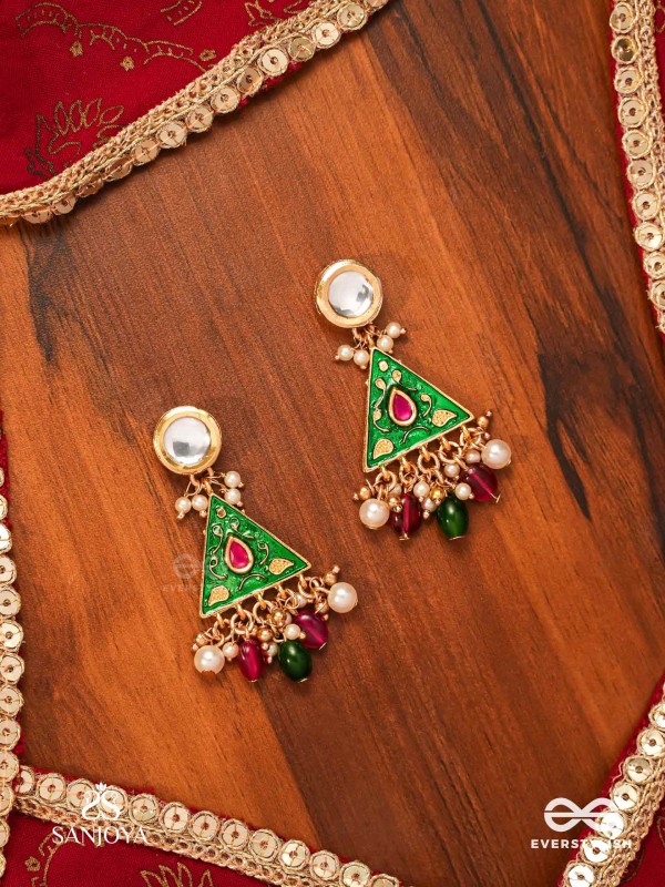 RANGLEKHA - LINES OF COLOR-  LAYERED GOLDEN CHAINED KUNDAN EARRINGS WITH VIBRANT GEM DROPS AND FLORAL ENAMELED EDGES