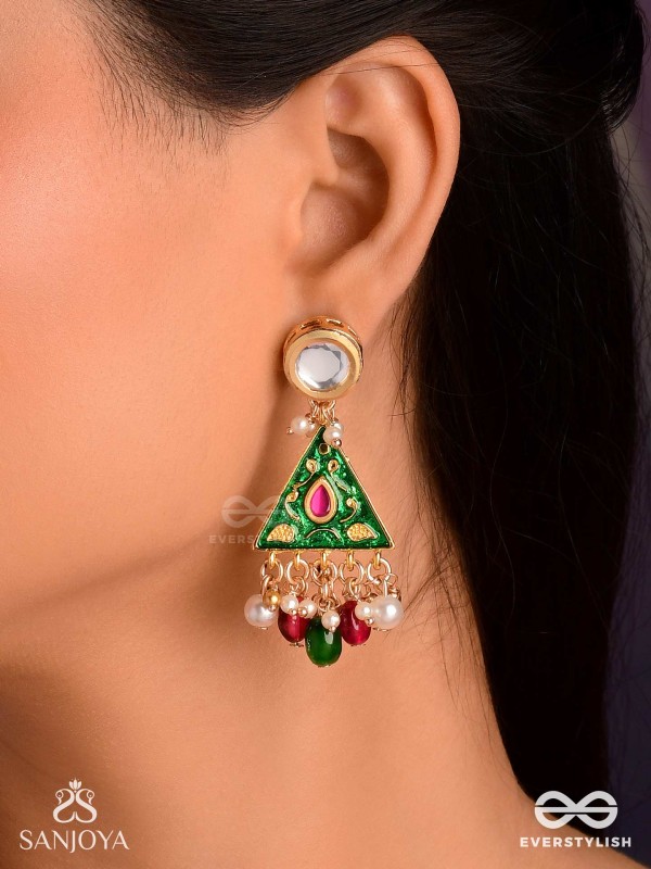 RANGLEKHA - LINES OF COLOR-  LAYERED GOLDEN CHAINED KUNDAN EARRINGS WITH VIBRANT GEM DROPS AND FLORAL ENAMELED EDGES