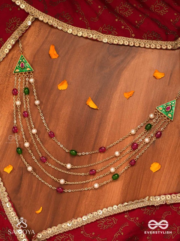 RANGLEKHA - LINES OF COLOR-  LAYERED GOLDEN CHAINED KUNDAN NECKPIECE WITH VIBRANT GEM DROPS AND FLORAL ENAMELED EDGES