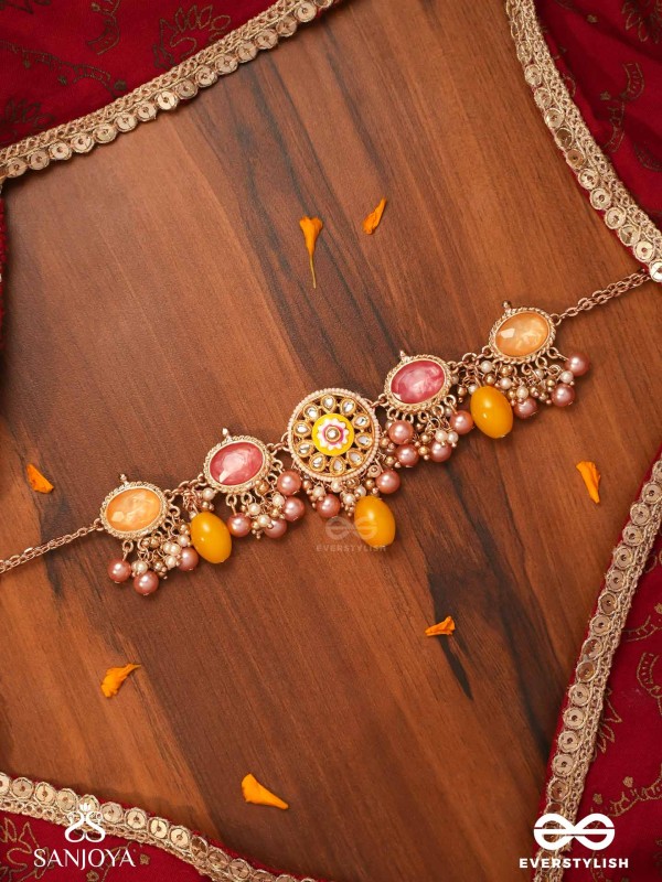 MADHUVARNIKA - HONEY HUE- SOFT FEMININE KUNDAN NECKPIECE FEATURING PEARLS AND PASTEL GEMSTONE DROPS