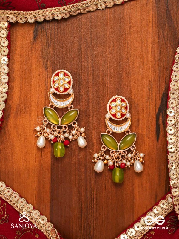 TULSIRAGA - TOUCH OF TULSI- ELEGANT PEARL LAYERED EARRINGS WITH KUNDAN, GEMSTONE AND RICH RUBY DROPLETS