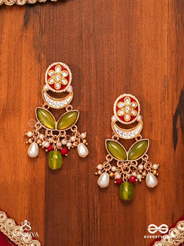 TULSIRAGA - TOUCH OF TULSI- ELEGANT PEARL LAYERED EARRINGS WITH KUNDAN, GEMSTONE AND RICH RUBY DROPLETS