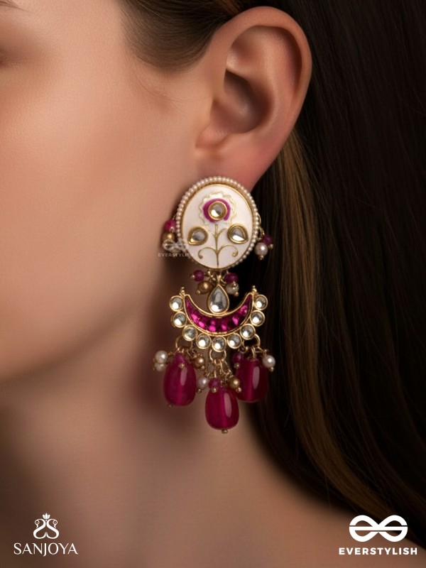 KAMALANGI - LOTUS-BODIED- FLORAL ENAMEL CENTRE DESIGN EARRINGS WITH TRIPLE CHAIN LAYERS AND RUBY BEADS AND PEARLS