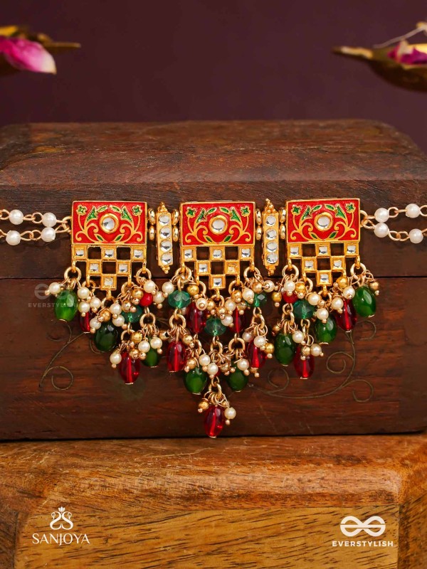 SHUBHADRA - AUSPICIOUS BEAUTY- GEOMETRIC KUNDAN ENAMELLED NECKPIECE WITH PEARLS AND BEADS