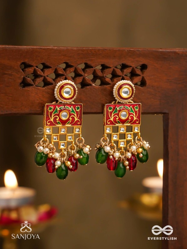 SHUBHADRA - AUSPICIOUS BEAUTY- GEOMETRIC KUNDAN ENAMELLED EARRINGS WITH PEARLS AND BEADS