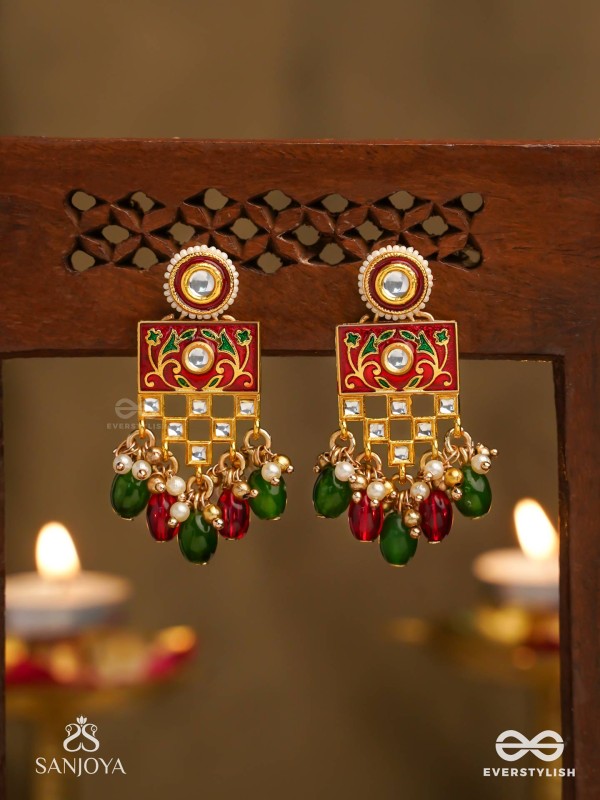 SHUBHADRA - AUSPICIOUS BEAUTY- GEOMETRIC KUNDAN ENAMELLED EARRINGS WITH PEARLS AND BEADS