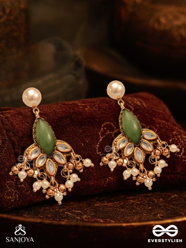 KSHAMINI - GRACEFUL LADY- SLIM CHAIN DESIGN KUNDAN EARRINGS WITH LEAF DESIGN