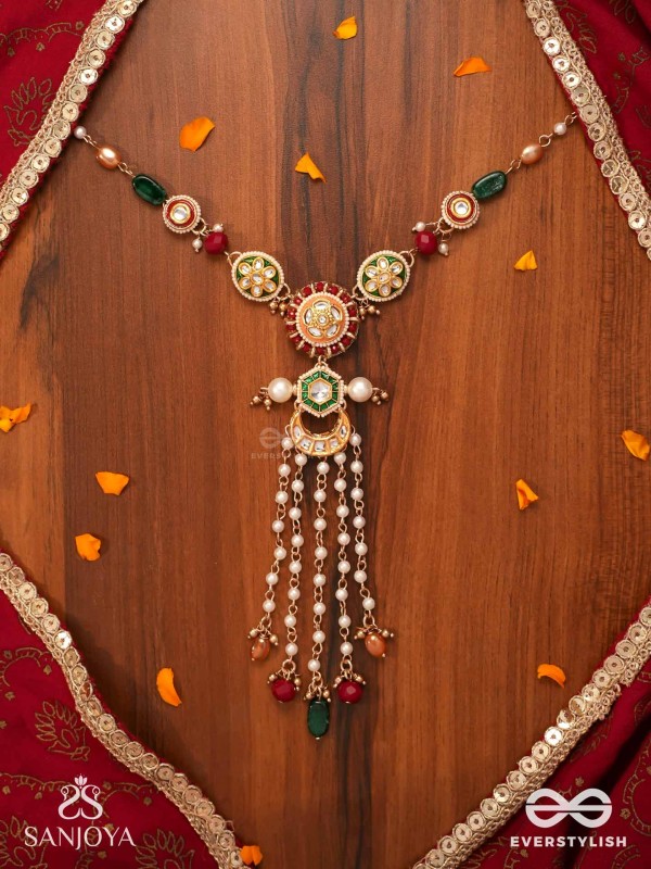 UTKALINI - EXQUISITELY DESIGNED- ENAMEL KUNDAN NECKPIECE WITH LAYERED PEARL FRINGES AND VIBRANT BEADS