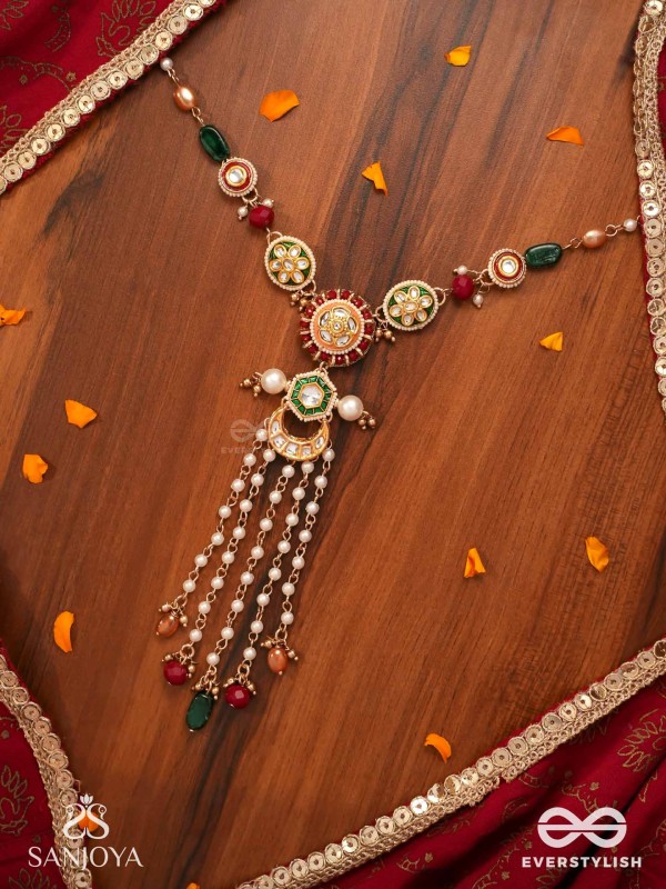 UTKALINI - EXQUISITELY DESIGNED- ENAMEL KUNDAN NECKPIECE WITH LAYERED PEARL FRINGES AND VIBRANT BEADS