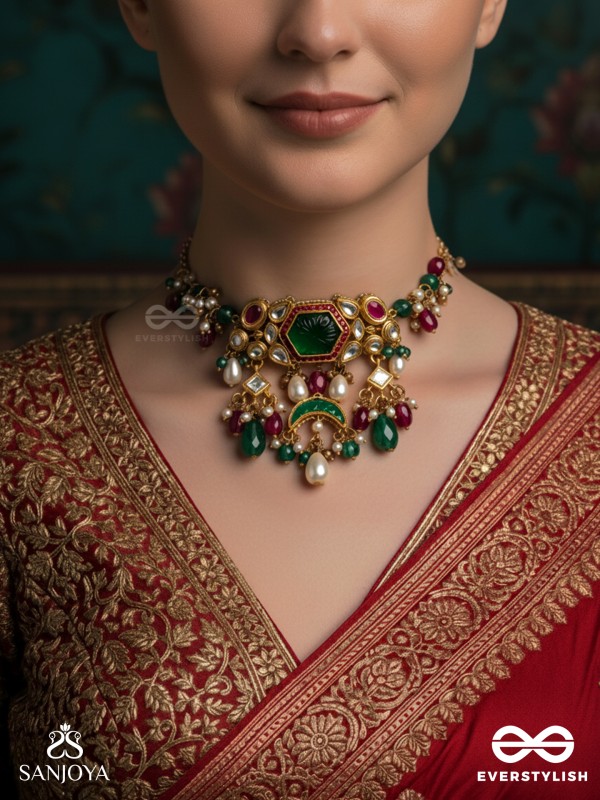 HARARASA - ESSENCE OF GREEN- KUNDAN NECKPIECE WITH PEARLS, BEADS AND GEMSTONE