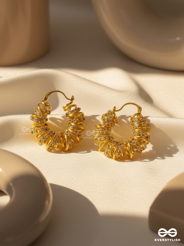 LUSTROUS SWIRLS-  INTRICATE TWISTED GOLD EARRINGS WITH SHIMMERING STONE