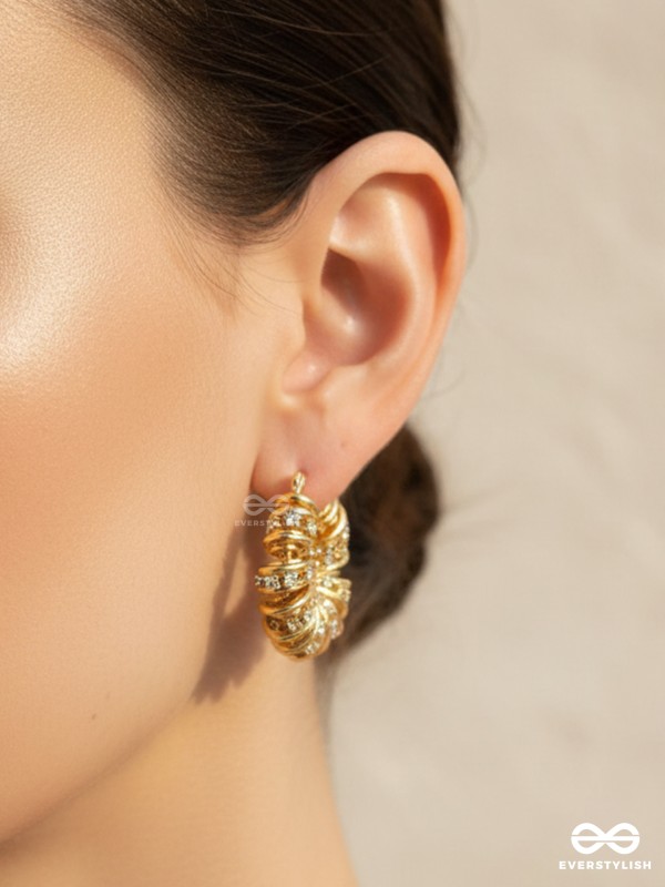 LUSTROUS SWIRLS-  INTRICATE TWISTED GOLD EARRINGS WITH SHIMMERING STONE
