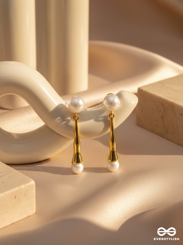 GOLDEN PEARL DROP-  CONTEMPORARY GOLDEN DROP EARRINGS