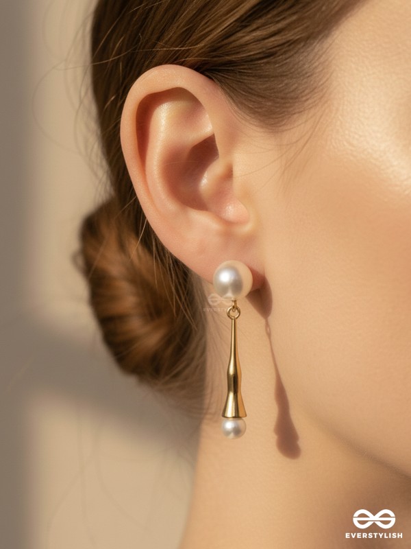 GOLDEN PEARL DROP-  CONTEMPORARY GOLDEN DROP EARRINGS
