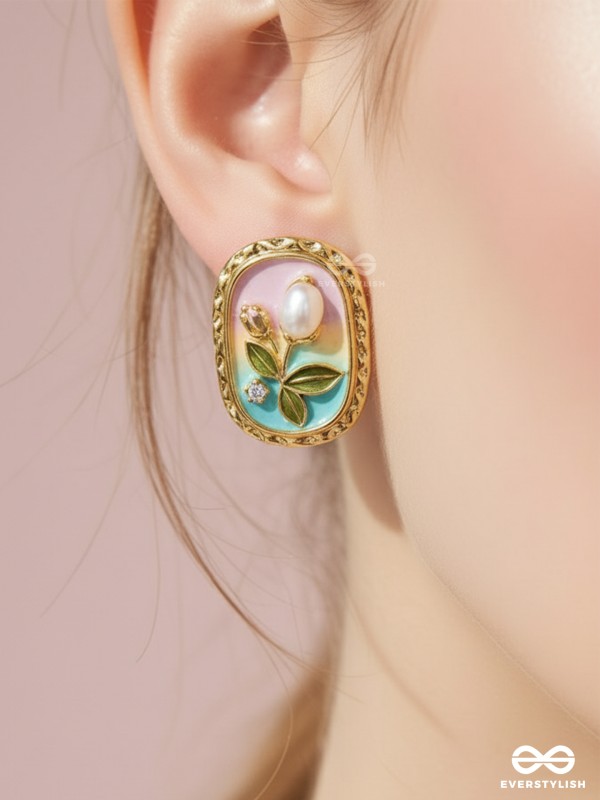 FLORAL MUSE- STATEMENT EARRINGS WITH EMBOSSED FLOWERS AND PEARLS
