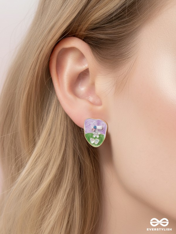 LAVENDER LEAF – WHIMSICAL FLORAL EARRINGS WITH ENAMEL DETAILS