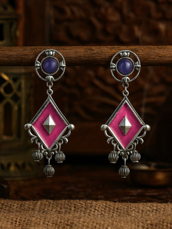 RUBY DUSK – GEOMETRIC DROP ENAMELLED OXIDISED EARRING  