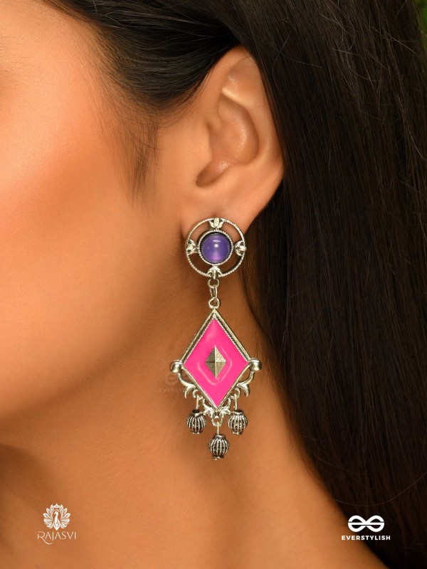 RUBY DUSK – GEOMETRIC DROP ENAMELLED OXIDISED EARRING  