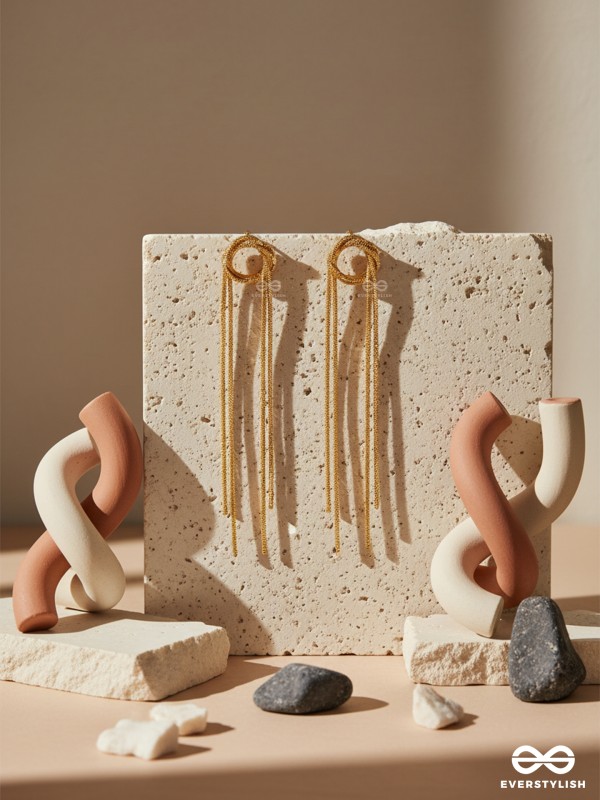 GOLD DRAPE – STATEMENT LINEAR GOLDEN DANGLERS