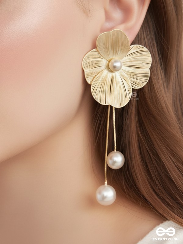 PETAL CASCADE – GOLDEN FLORAL EARRINGS WITH PEARL DROPS