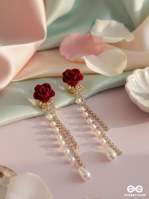 SCARLET FALL – ELEGANT ROSE CHAIN DANGLER EARRINGS
