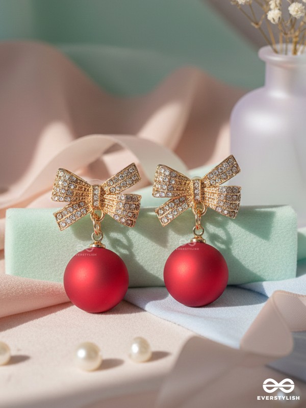 RIBBON RUSH – RED BALL EARRINGS WITH SPARKLY BOWS