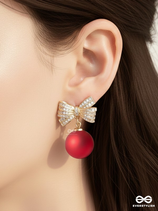 RIBBON RUSH – RED BALL EARRINGS WITH SPARKLY BOWS