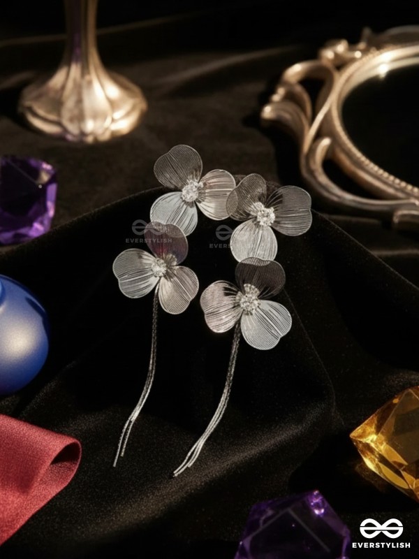 PETAL GLIDE – MODERN SILVER FLORAL FRINGE EARRINGS