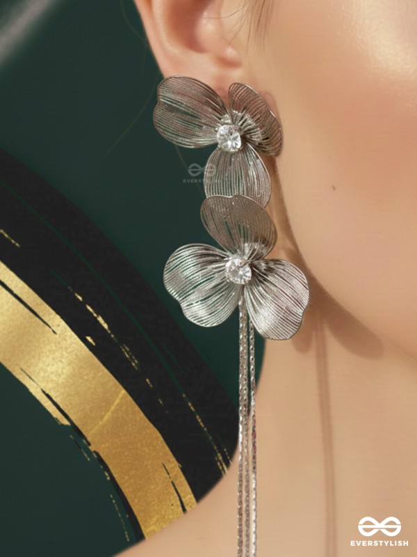 PETAL GLIDE – MODERN SILVER FLORAL FRINGE EARRINGS