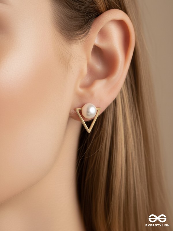 Gorgeous pearl embedded in golden triangle earrings