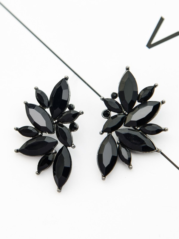 The Embellished Ferns - Statement Stud Earrings - Black