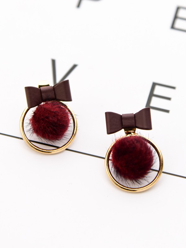 The Cute Furry Bowknot Studs - Brown-Maroon