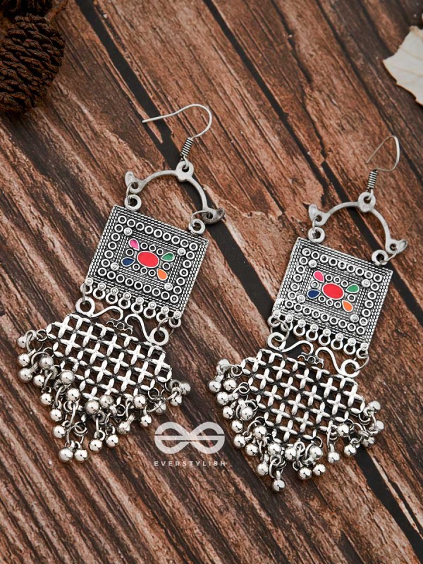 The Embellished Trunk Criss Cross Danglers (Multicolour) - Oxidised Boho Earrings