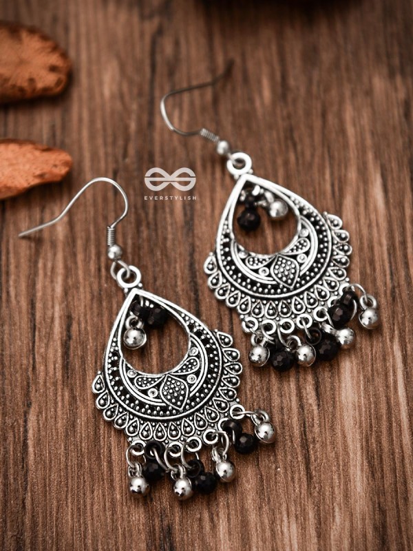 The Dangling Droplets (Silver-Black) - Oxidised Boho Earrings