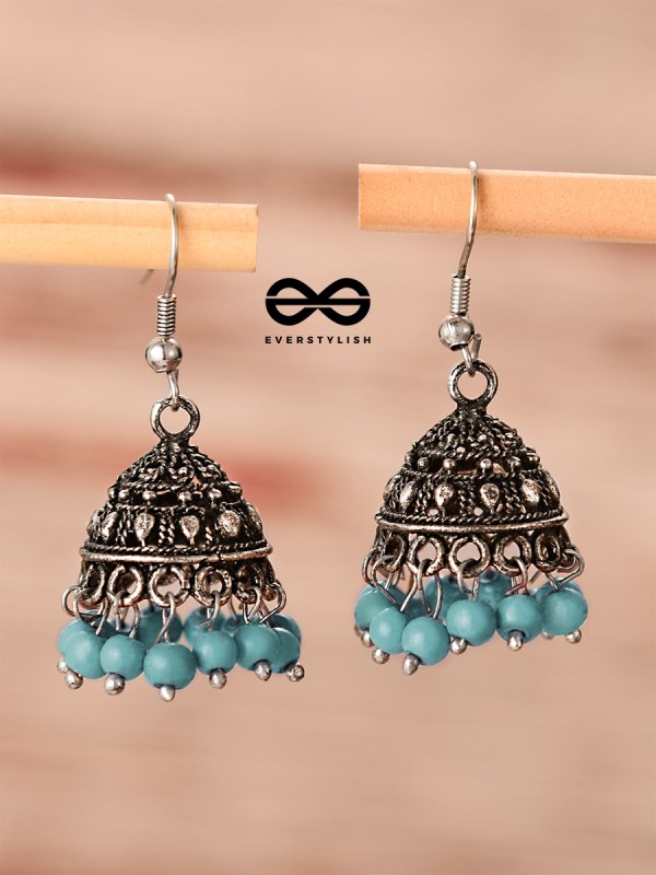 The Little Boho Oxidised Jhumkas (Blue) - Oxidised Boho Earrings