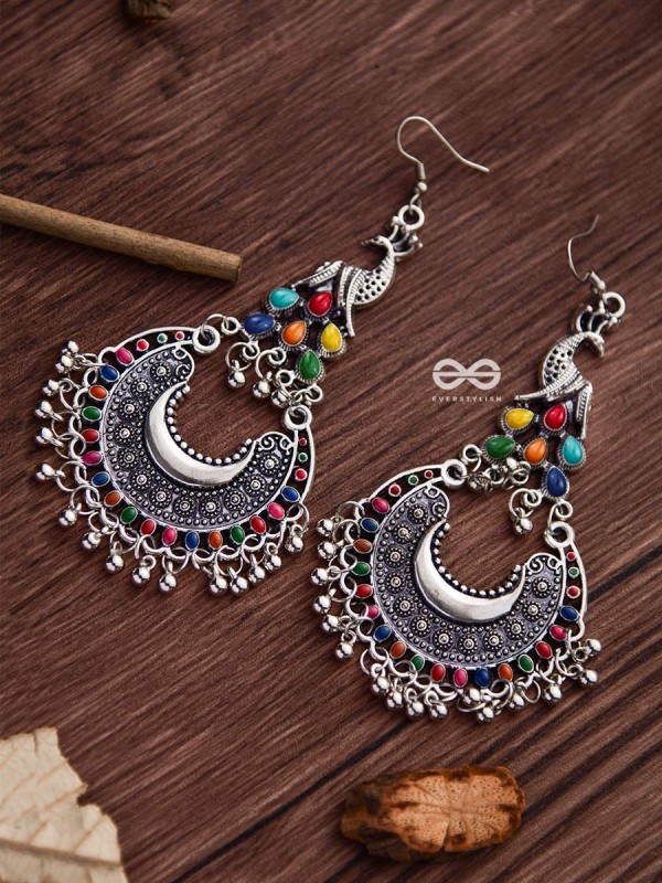 The Fanning Enamelled Peacocks - Oxidised Boho Earrings