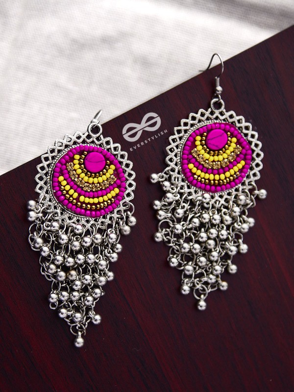 The Boho Jhaalar (Pink-Yellow) - The Embroidered Oxidised Collection