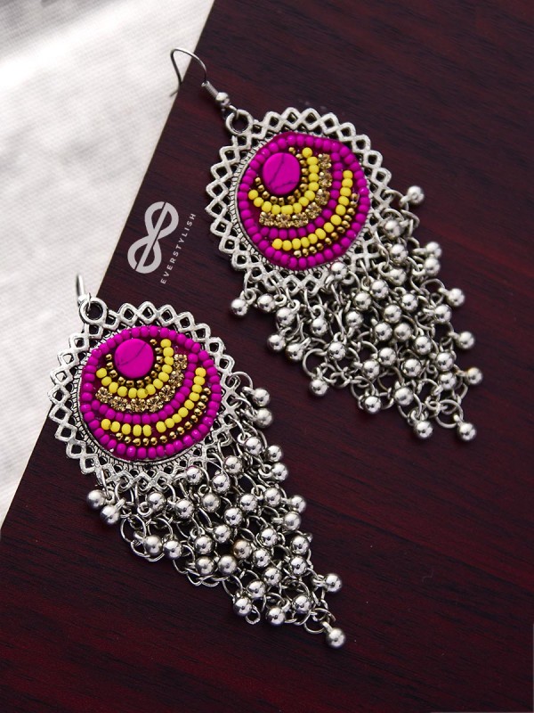 The Boho Jhaalar (Pink-Yellow) - The Embroidered Oxidised Collection