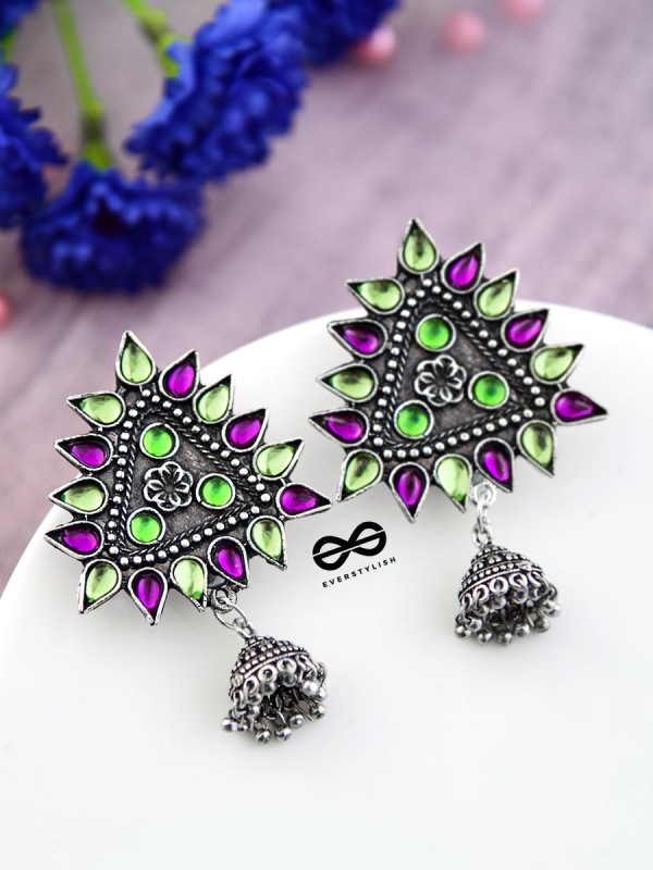 The Ethnic Wonders (Purple Green) - Embellished Oxidised Earrings