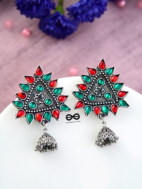 The Ethnic Wonders (Red Green) - Embellished Oxidised Earrings