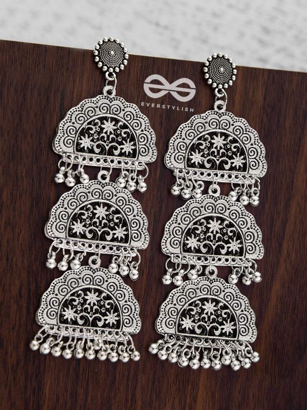 The Triple-Layered Intricate Clouds - Oxidised Boho Earrings