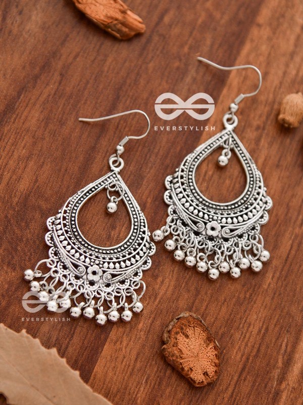 The Intricate Motif Drops - Oxidised Boho Earrings - Silver