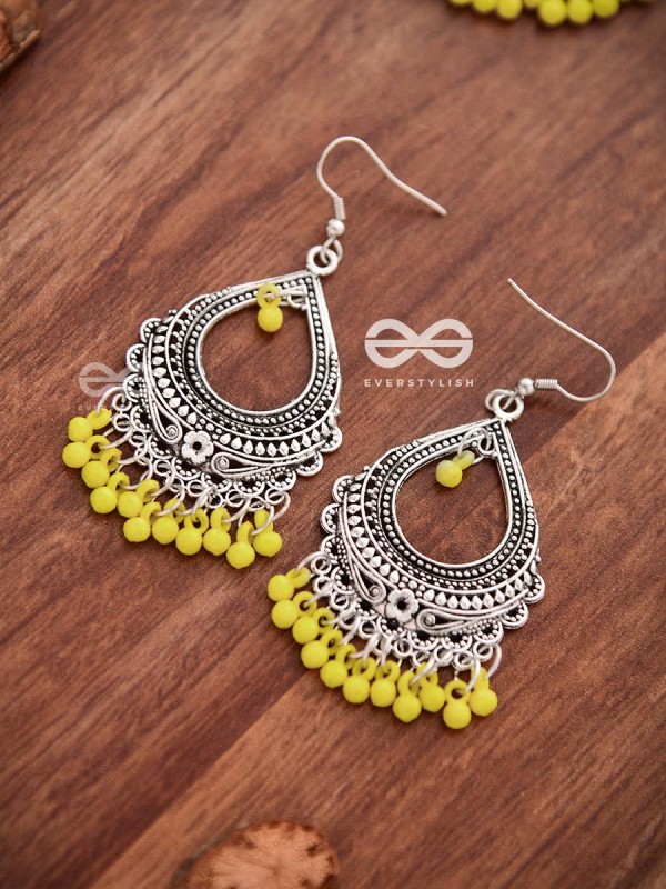 The Intricate Motif Drops (Yellow) - Oxidised Boho Earrings