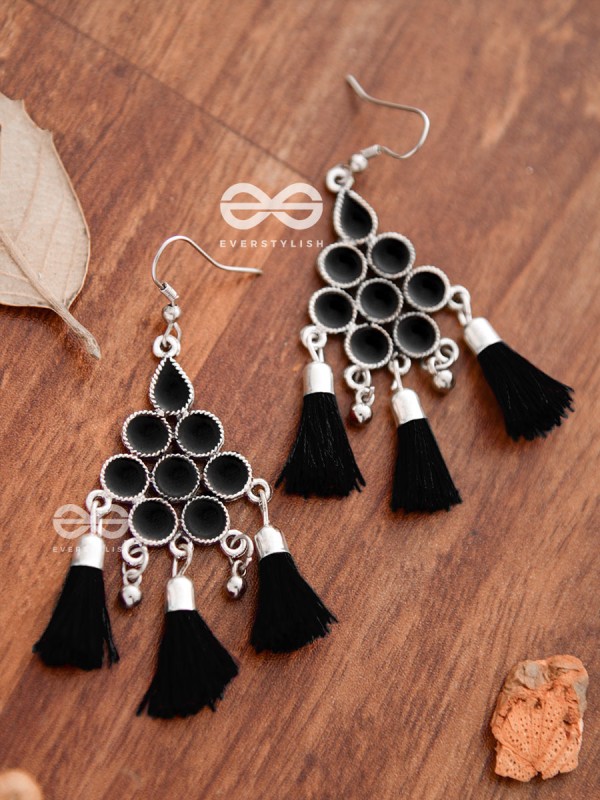 The Enamelled Tassels (Black) - Embellished Oxidised Earrings