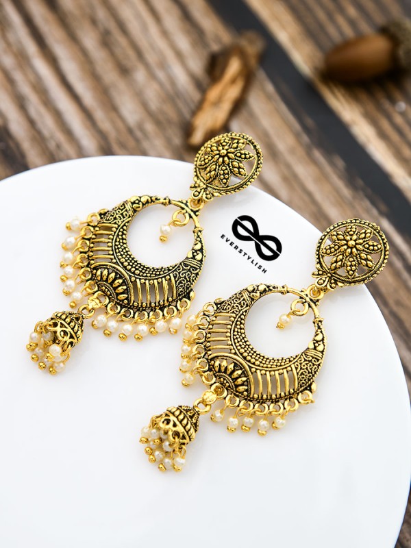The Golden Intricate Artwork Danglers - The Oxidised Boho Collection